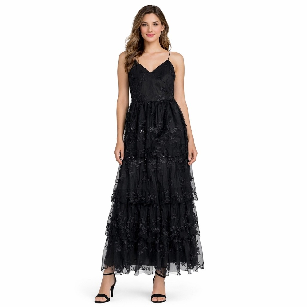Altar'd State Black Sequin Lace Maxi Dress Womens S Tiered Formal Evening Prom